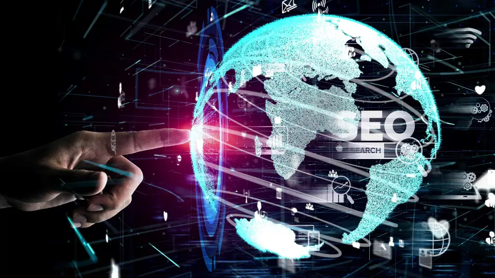 A digital globe with floating SEO icons, representing the global impact of SEO and digital marketing in 2026.