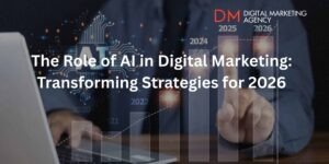 Businessman holding a tablet with AI-powered digital marketing icons floating around it, representing the future of AI in marketing.