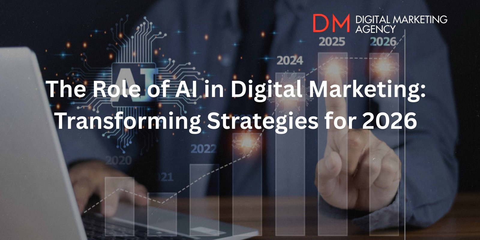 Businessman holding a tablet with AI-powered digital marketing icons floating around it, representing the future of AI in marketing.