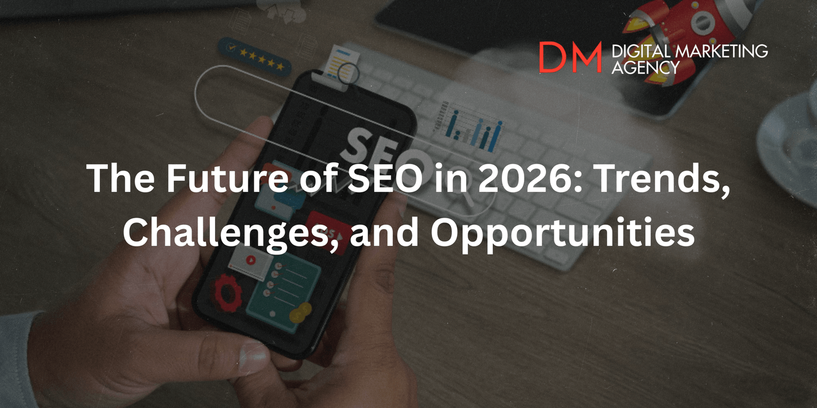 A mobile phone showing SEO trends with data and analytics icons, illustrating the future of SEO in 2026.